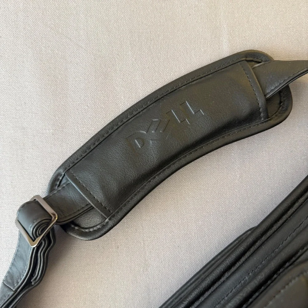 Dell Black Leather Laptop Messenger Bag Briefcase‎ Retractable handles